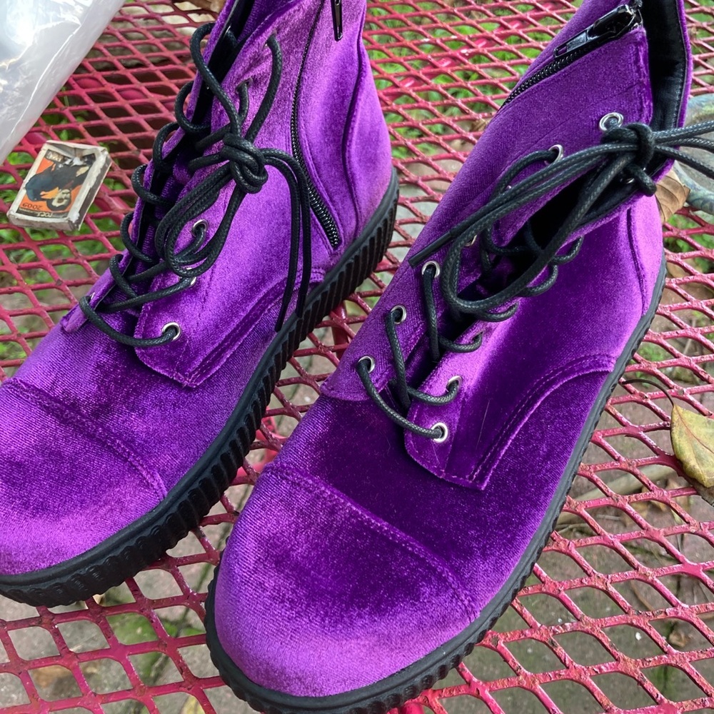 Purple velvet lace up boots